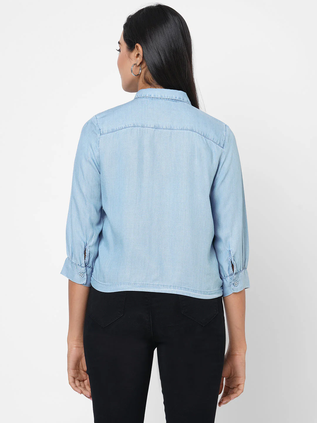 Women Blue Solid Crop Denim Shirt - Image 3