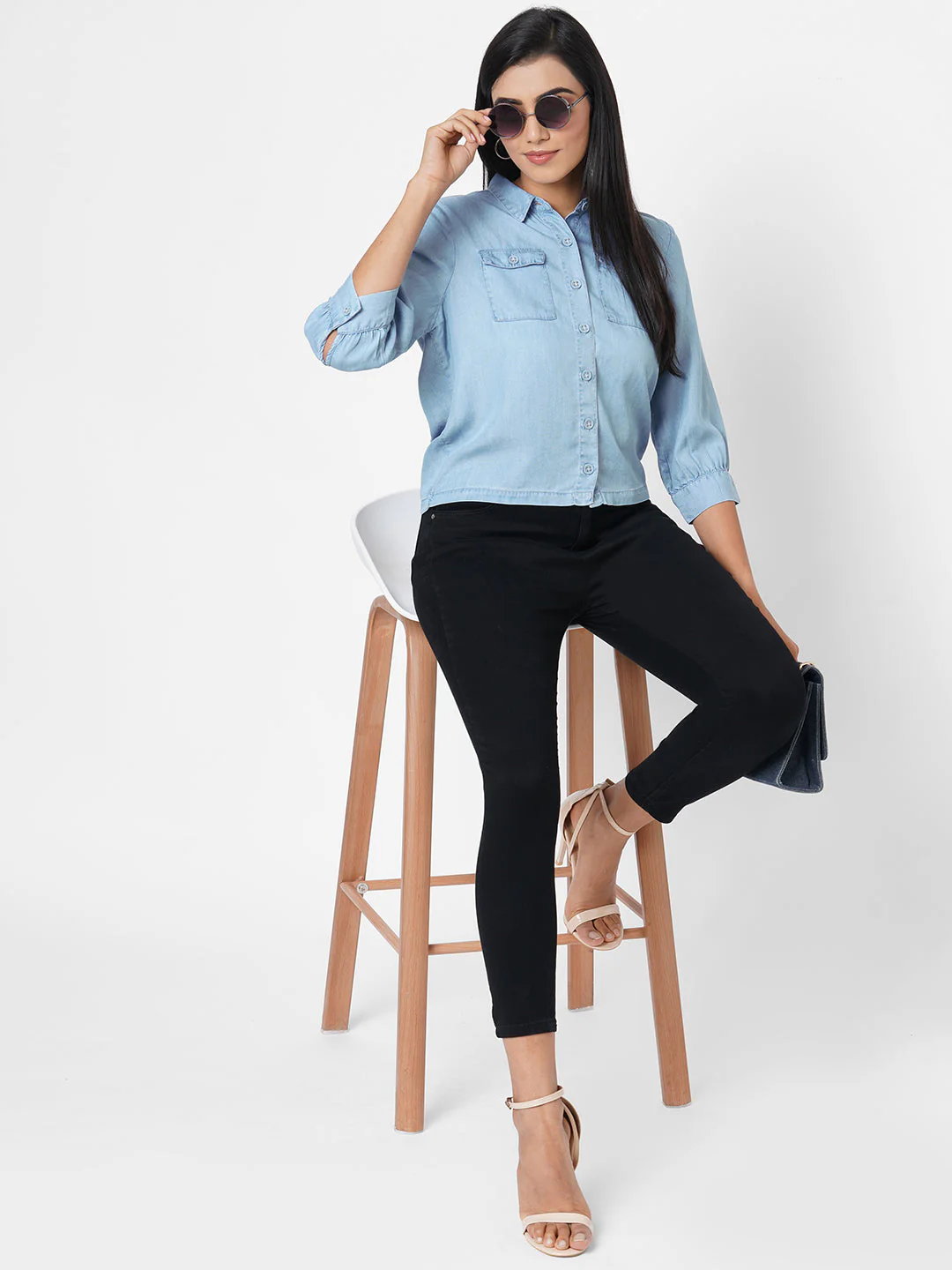 Women Blue Solid Crop Denim Shirt - Image 4
