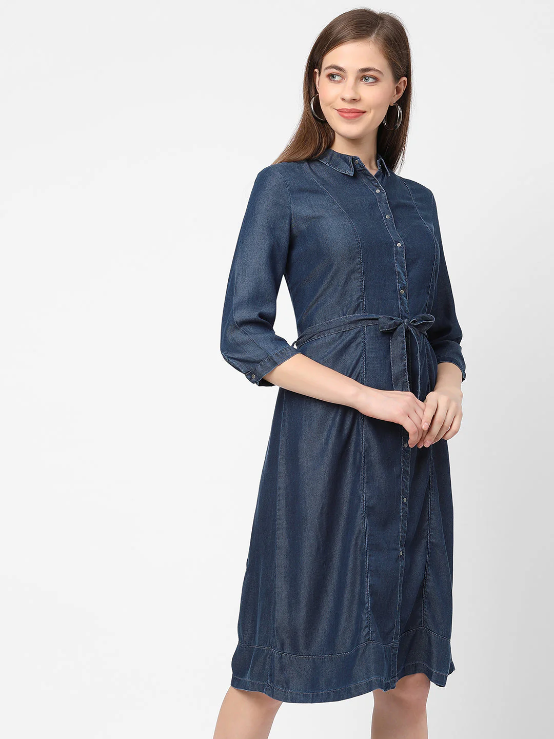Women Blue Solid Denim Dress - Image 2