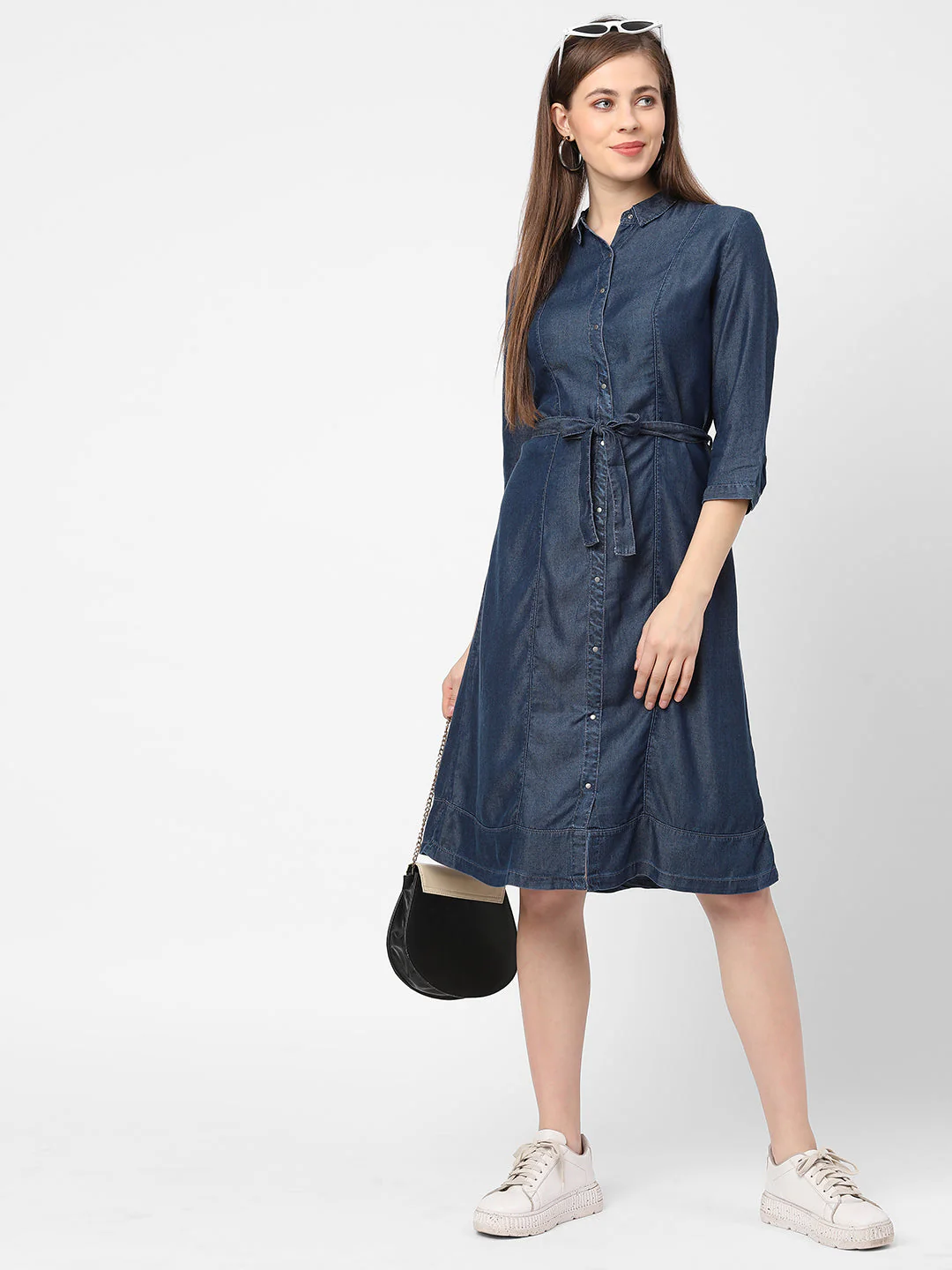 Women Blue Solid Denim Dress - Image 3