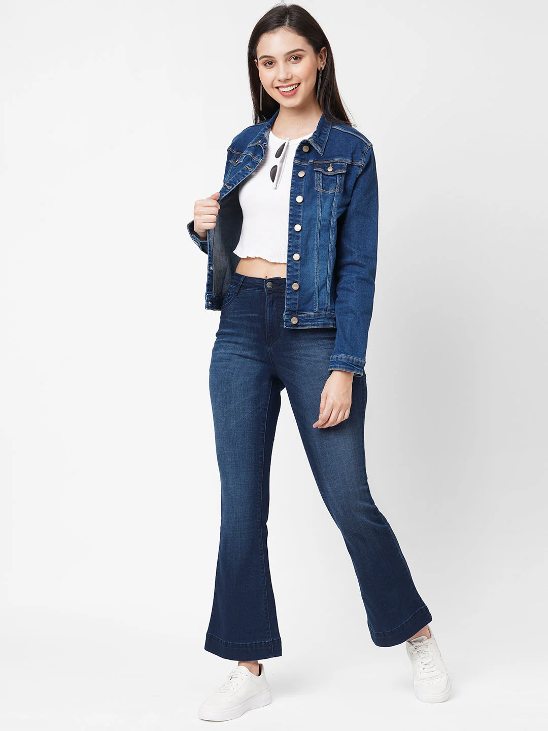 Women Blue Solid Denim Jacket - Image 2