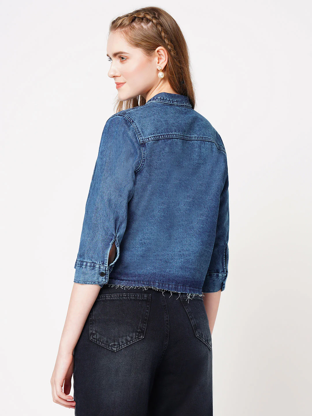 Women Blue Solid Denim Shirt - Image 3