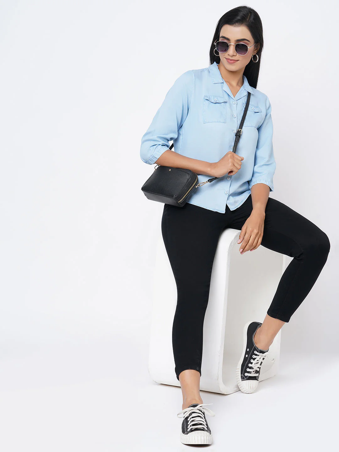 Women Blue Solid Denim Shirt - Image 4