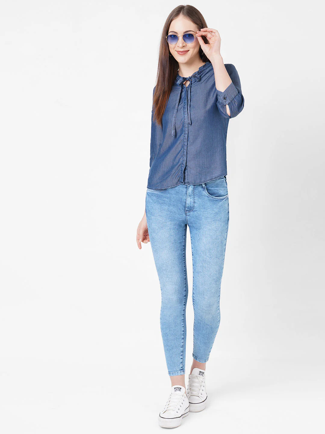 Women Blue Solid Denim Shirt - Image 2