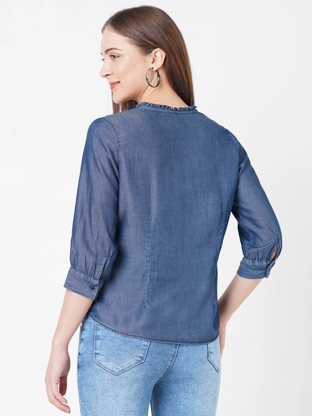 Women Blue Solid Denim Shirt - Image 3