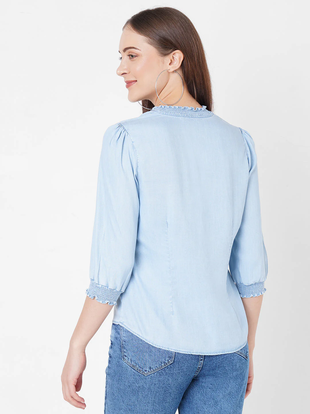 Women Blue Solid Denim Shirt - Image 3