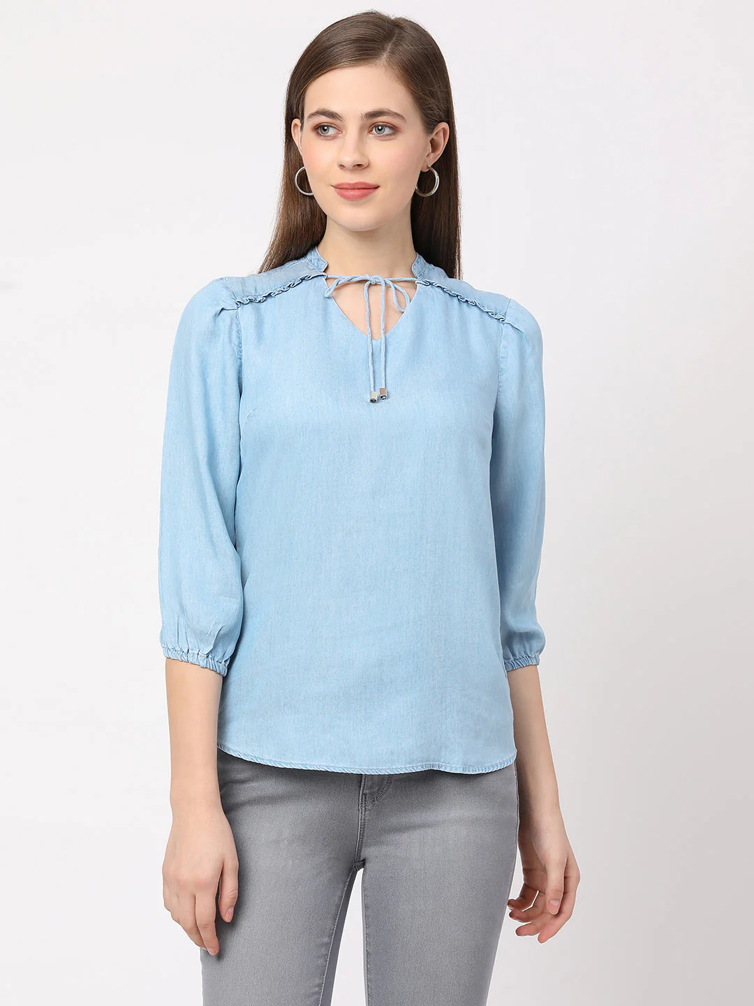 Women Blue Solid Denim Top