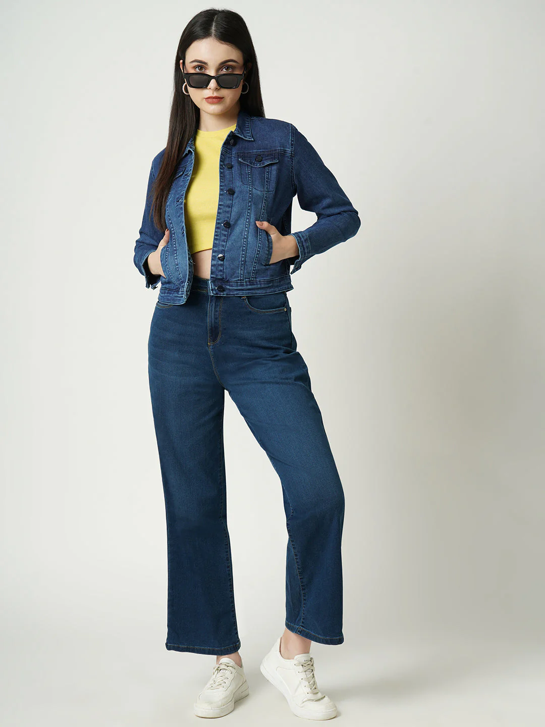 Women Blue Solid Full Length Jacket - Image 2