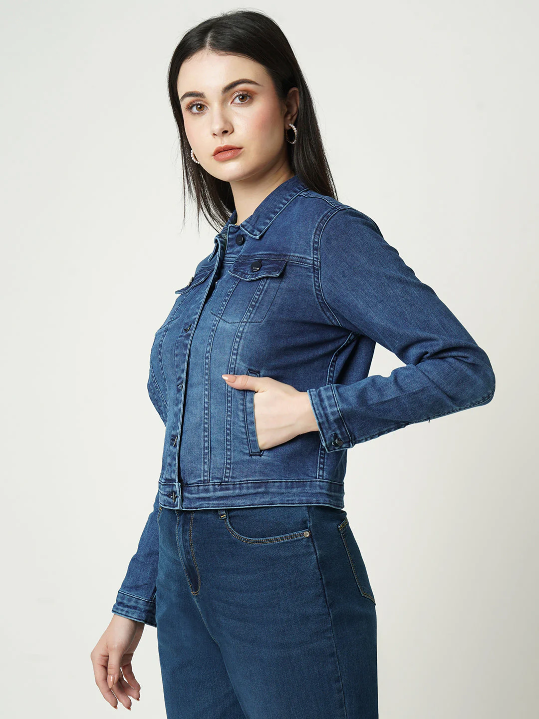 Women Blue Solid Full Length Jacket - Image 4