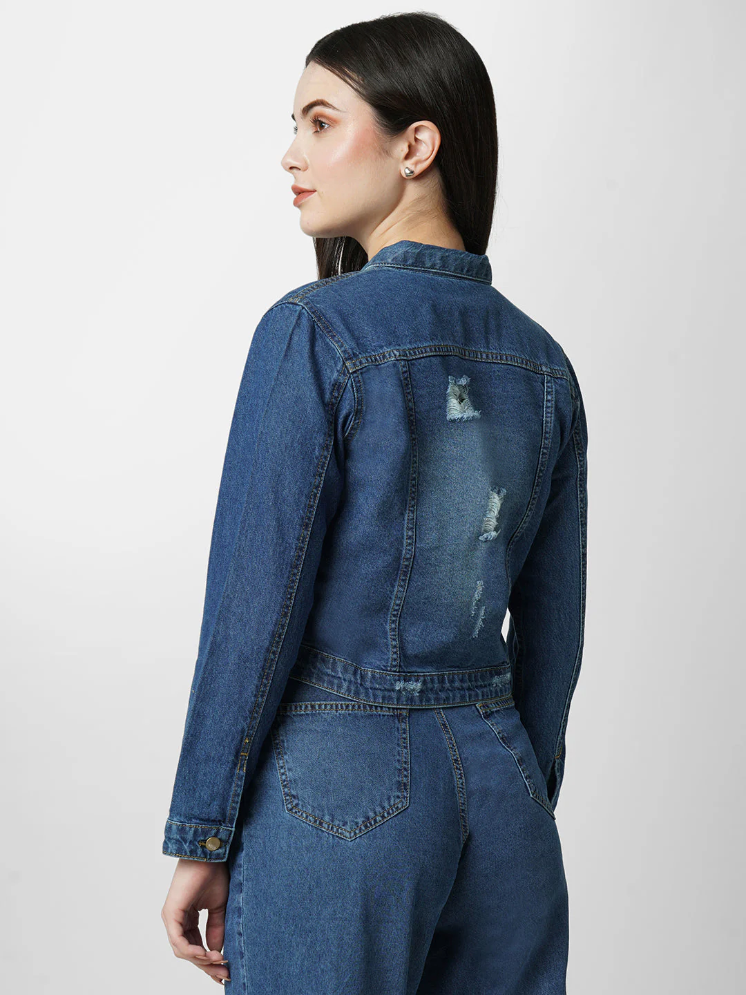 Women Blue Solid Full Length Jacket - Image 3