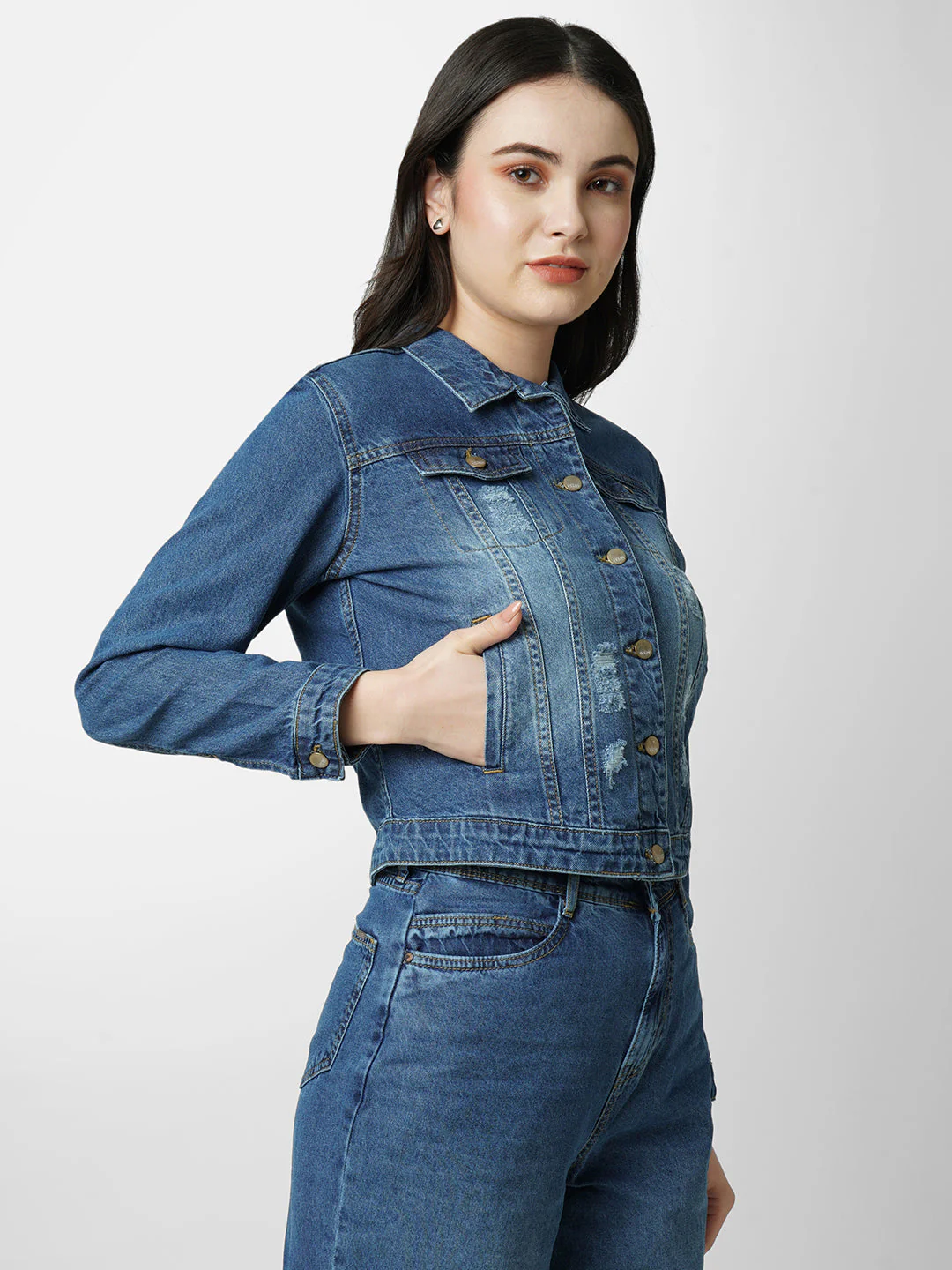 Women Blue Solid Full Length Jacket - Image 4
