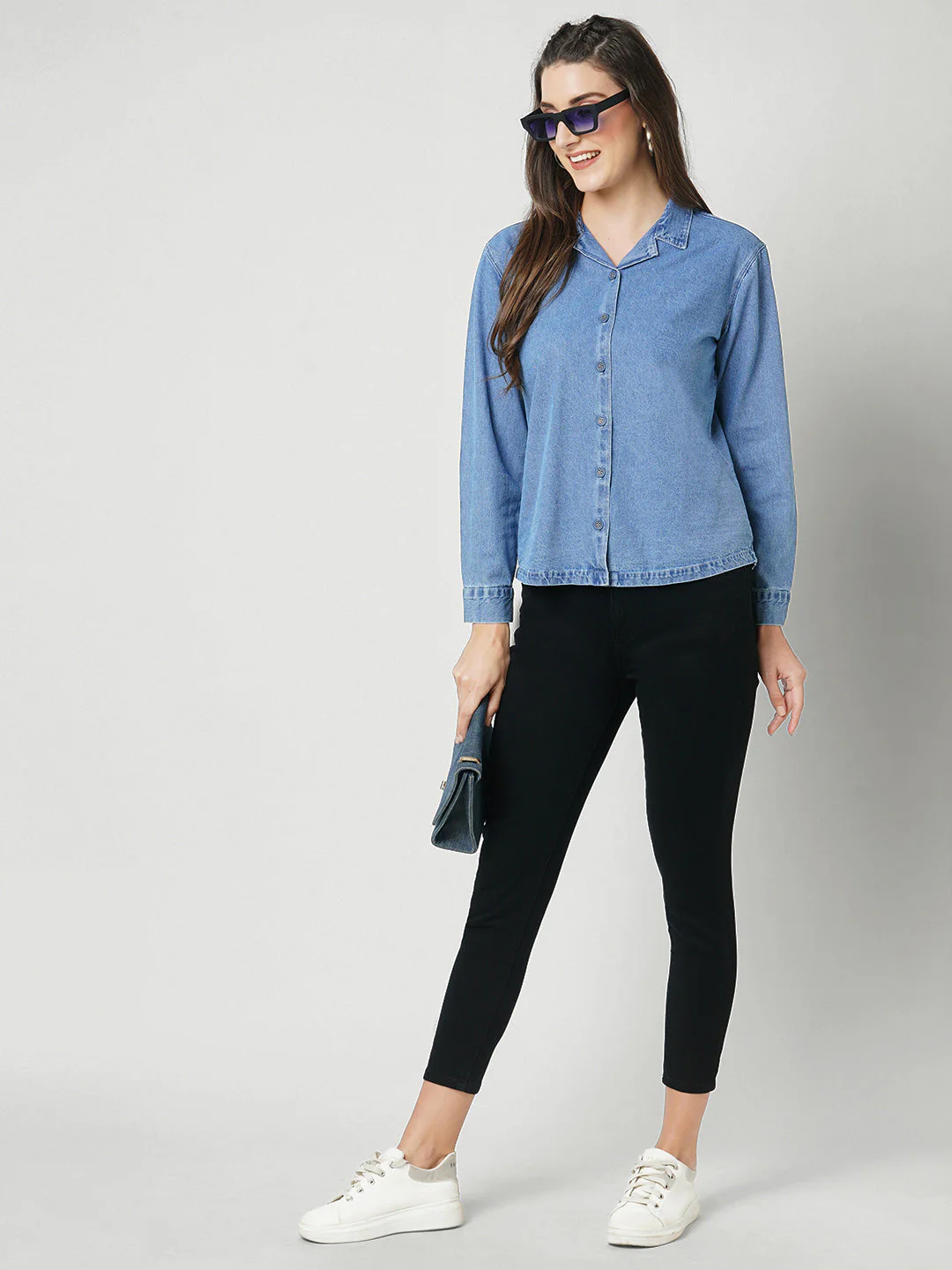 Women Blue Solid Oversized Denim Shirt - Image 2