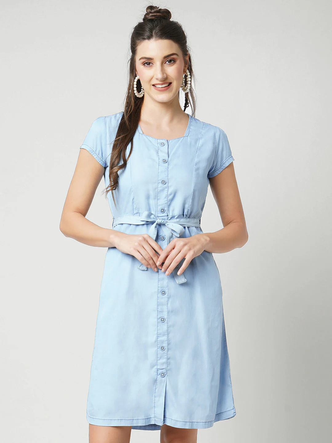 Women Blue Solid Short Sleeves Denim Dress