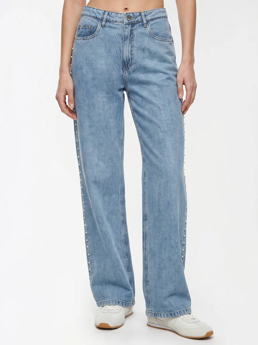 Women Blue Studded Pearl Wide Leg Jeans - Image 2