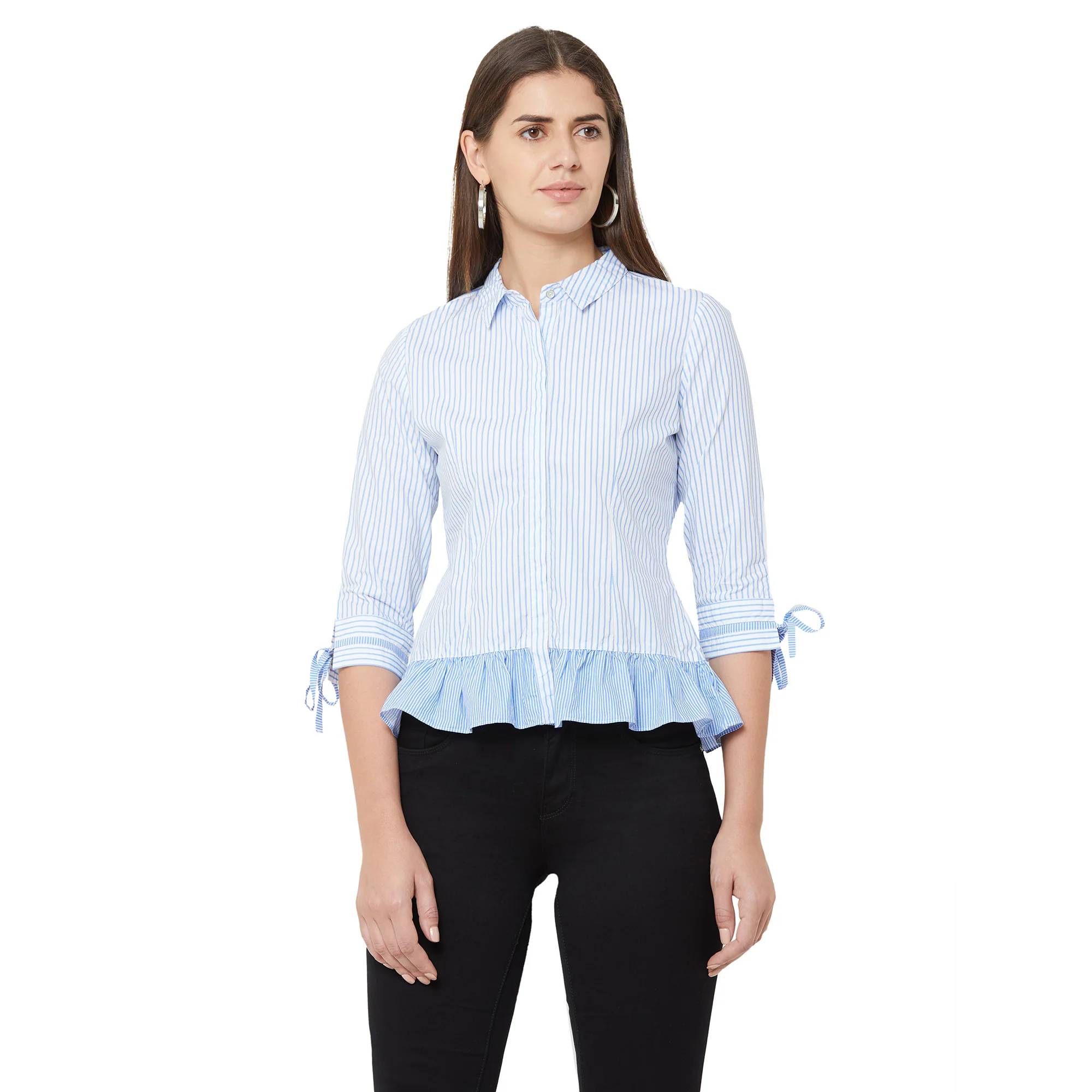 Women Blue/White Peplum Shirt - Image 2