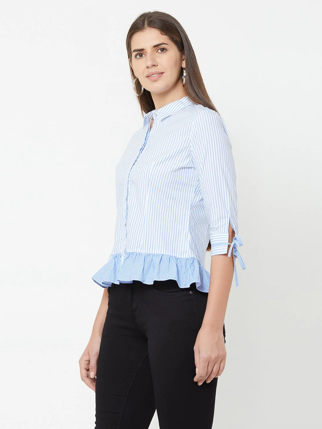 Women Blue & White Peplum Shirt - Image 4