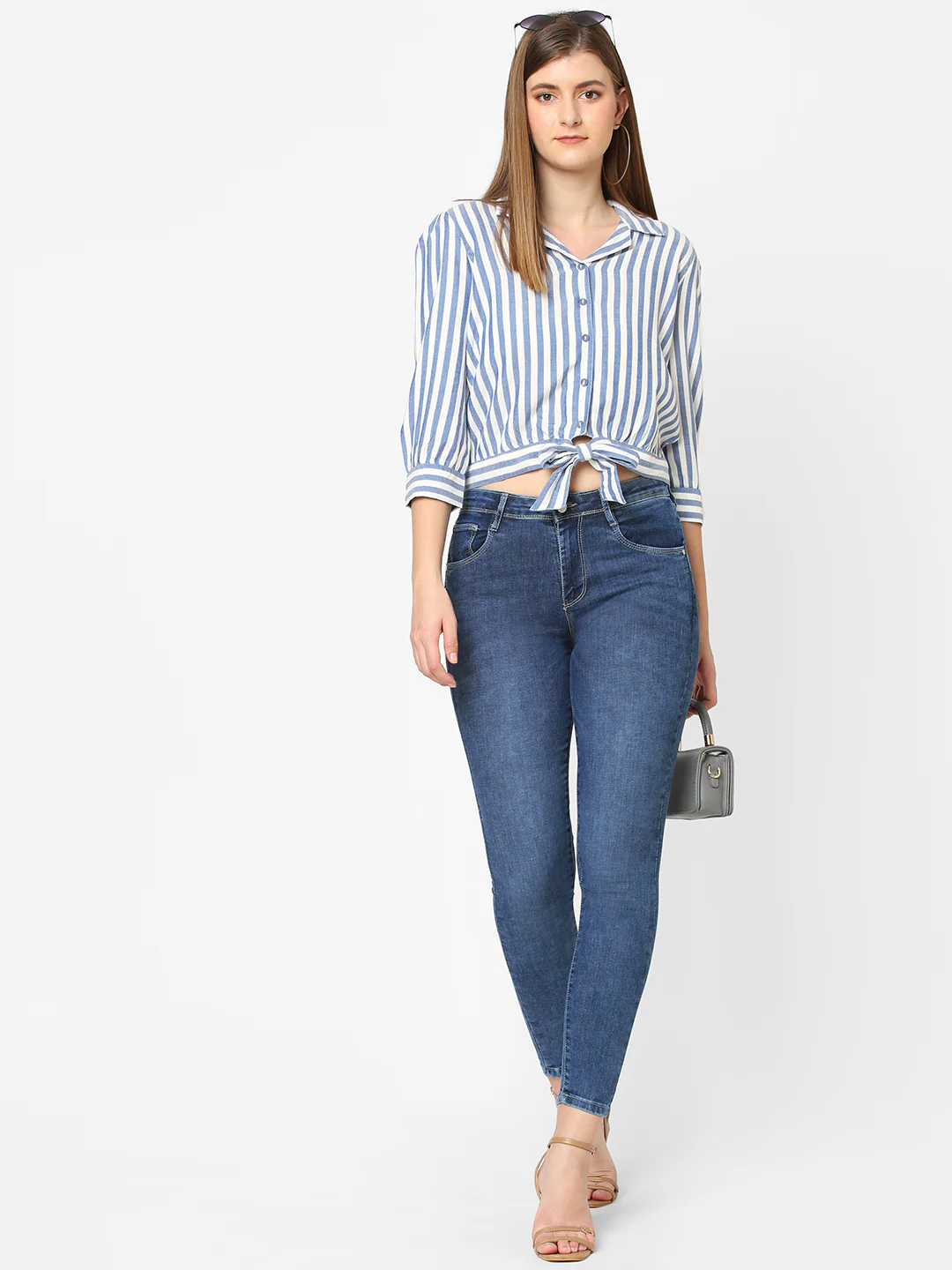 Women Blue & White Slim Crop Shirt - Image 2