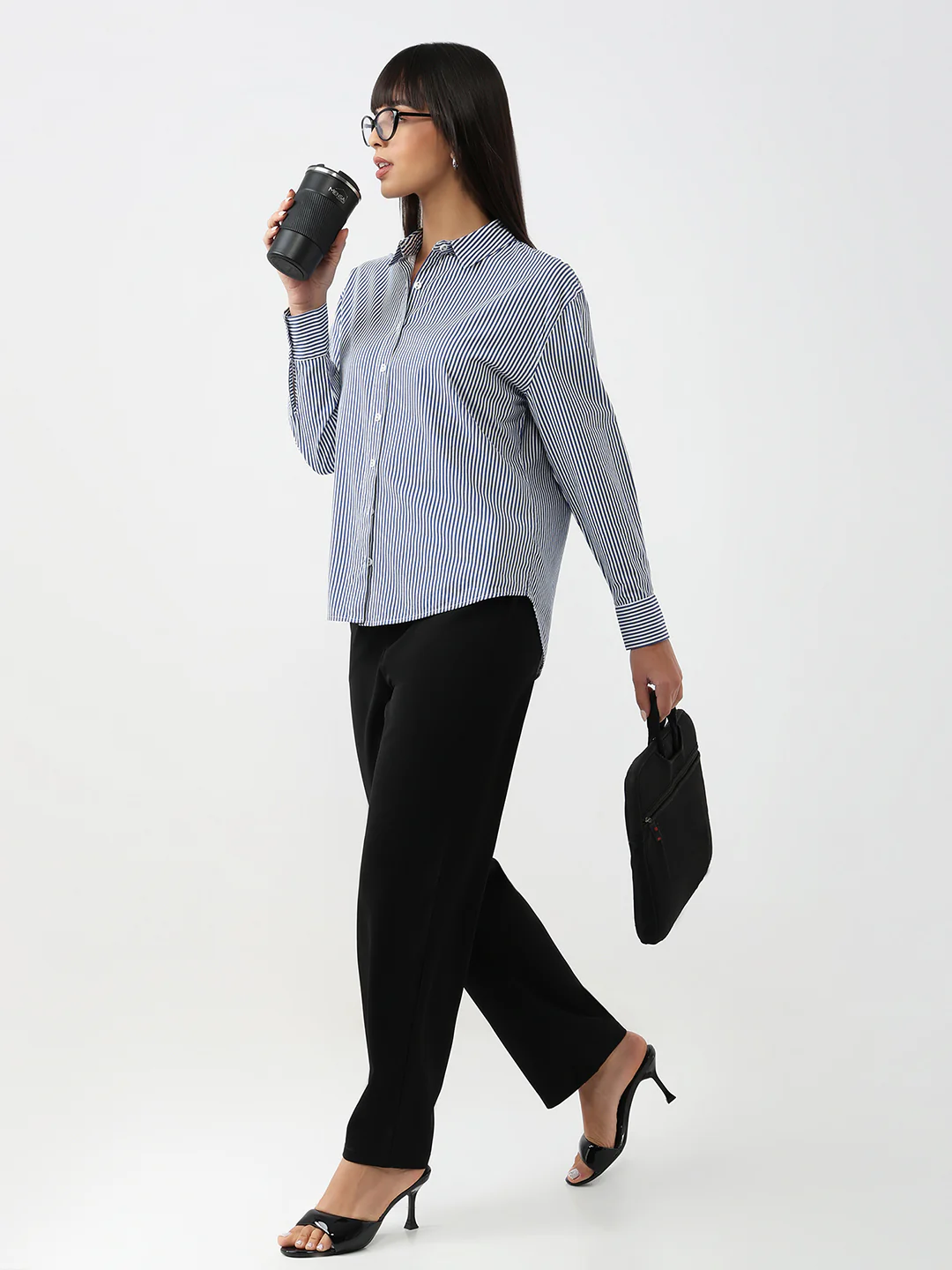 Women Blue/White Slim Oversized Shirt - Image 2