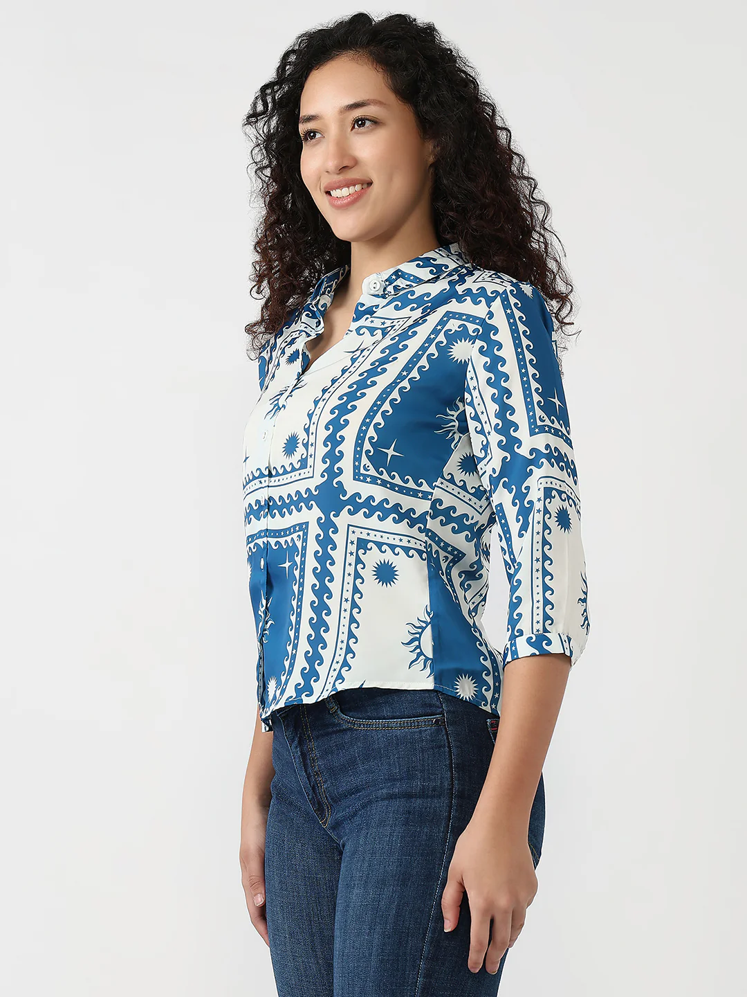 Women Blue/White Slim Shirt - Image 4