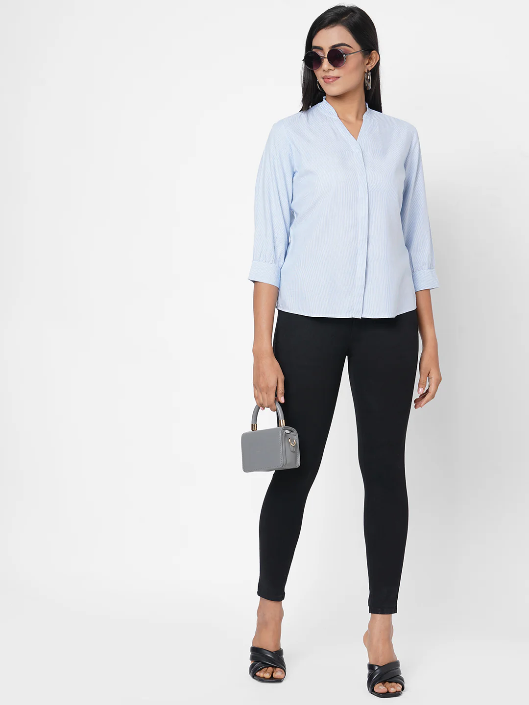 Women Blue/White Stripe Shirt Top - Image 4