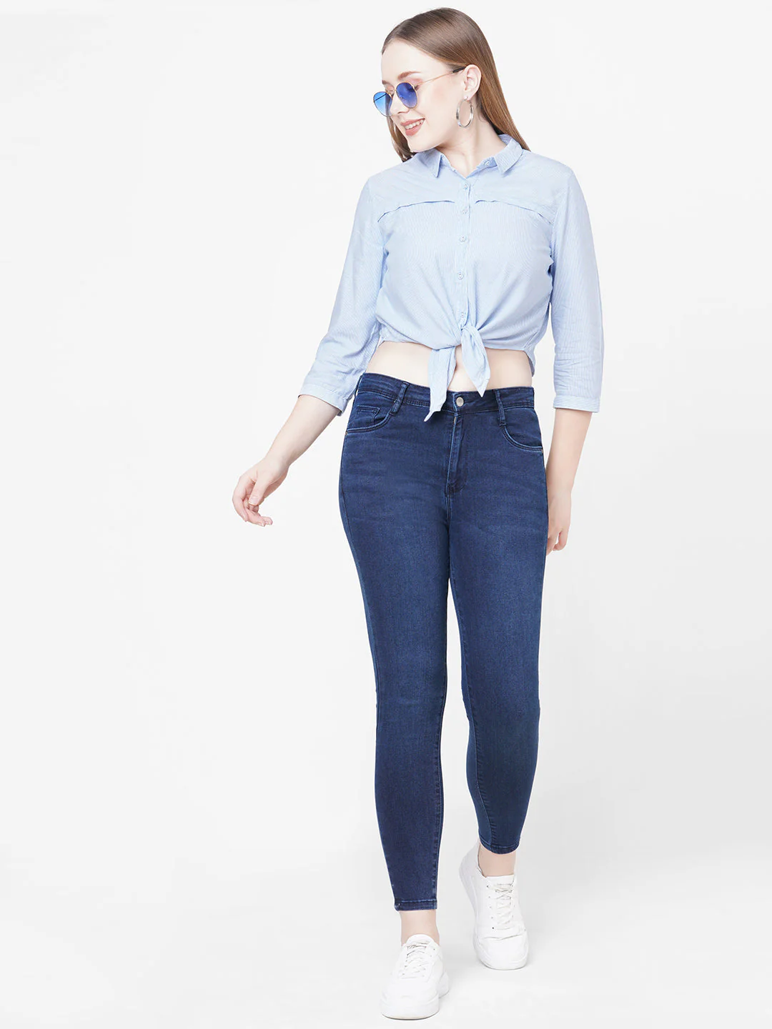 Women Blue White Stripe Tie-Up Crop Shirt - Image 2