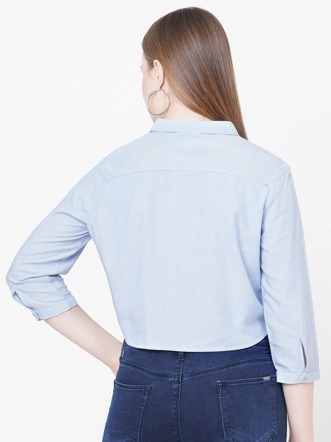 Women Blue White Stripe Tie-Up Crop Shirt - Image 3