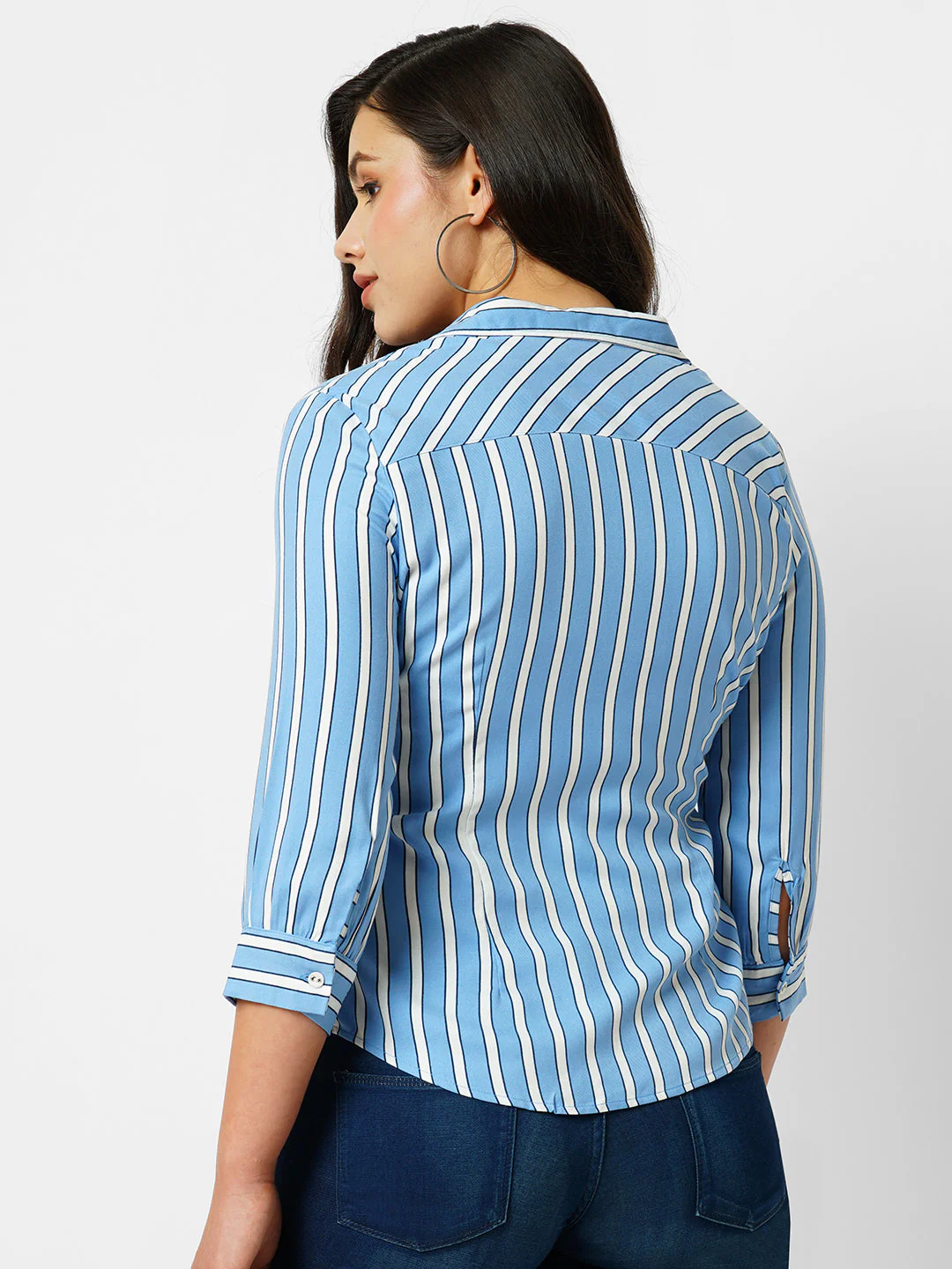 Women Blue & White Striped Slim Shirt - Image 3