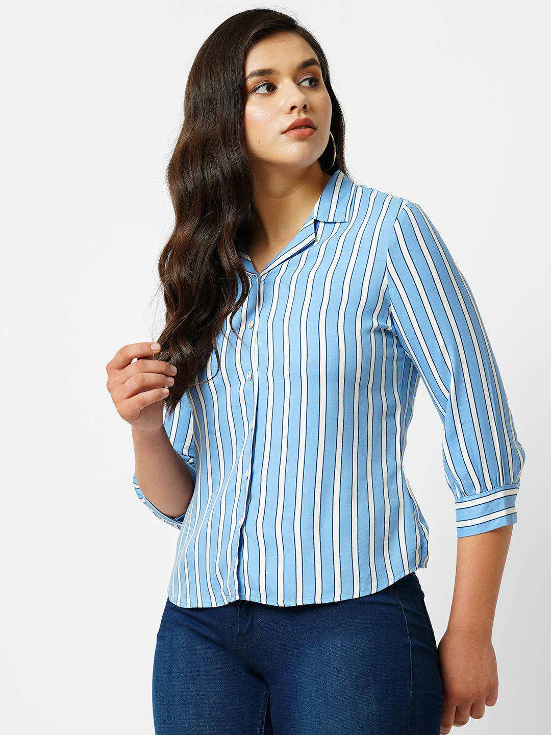 Women Blue & White Striped Slim Shirt - Image 5