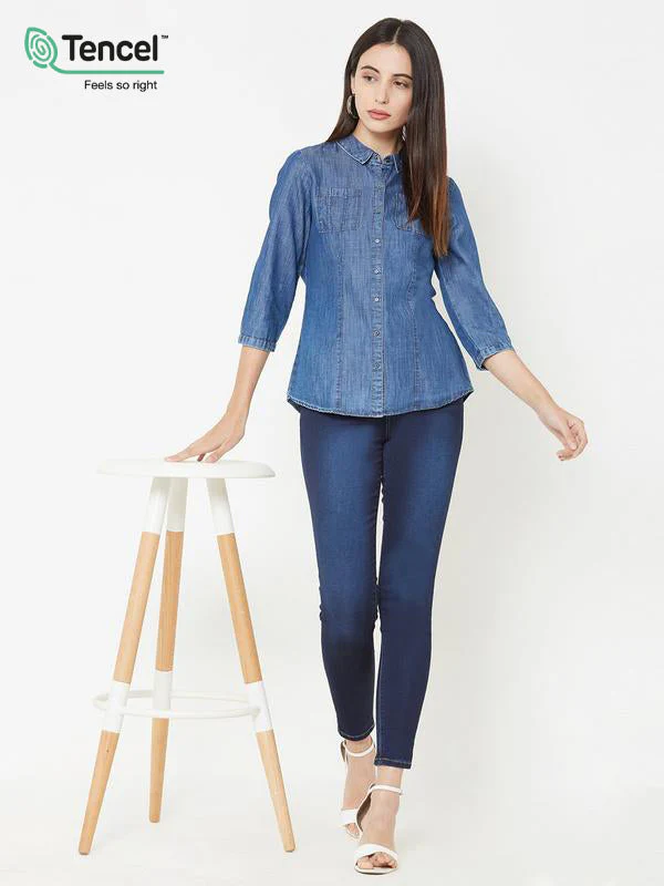 Women Blue Wovens Denim Shirt - Image 2