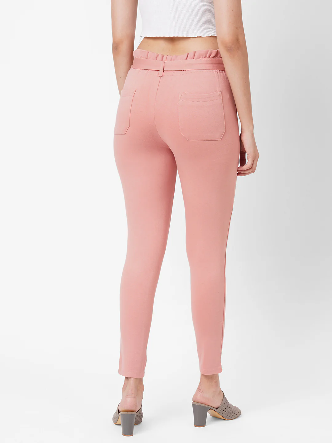 Women Blush Pink High-Rise Paper Bag Pants - Image 3