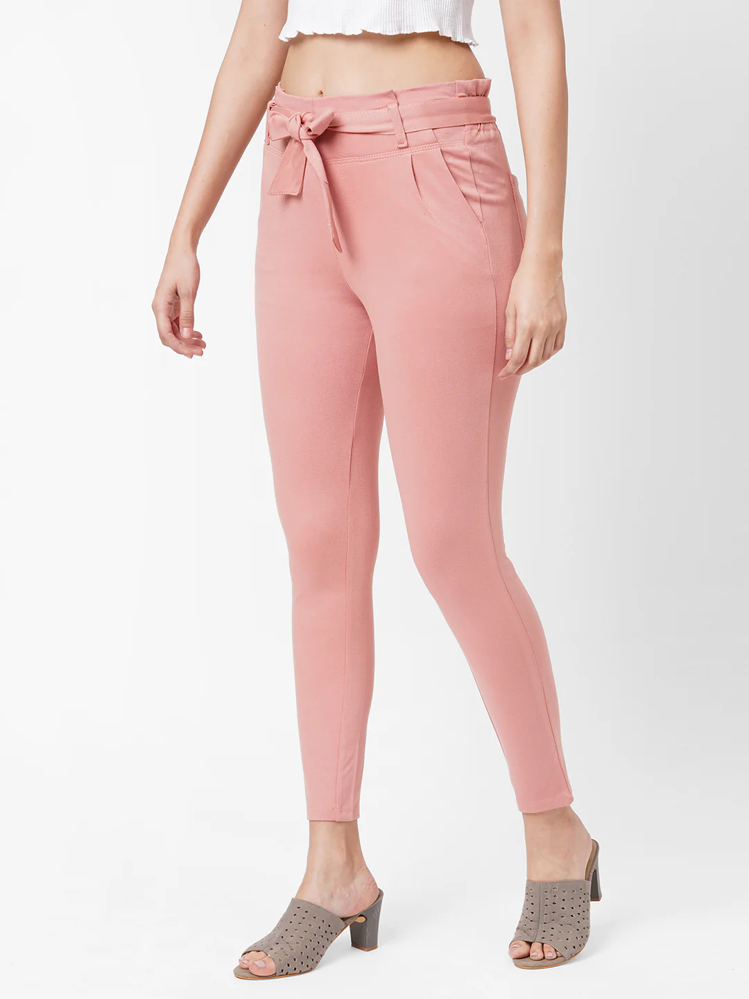 Women Blush Pink High-Rise Paper Bag Pants - Image 5