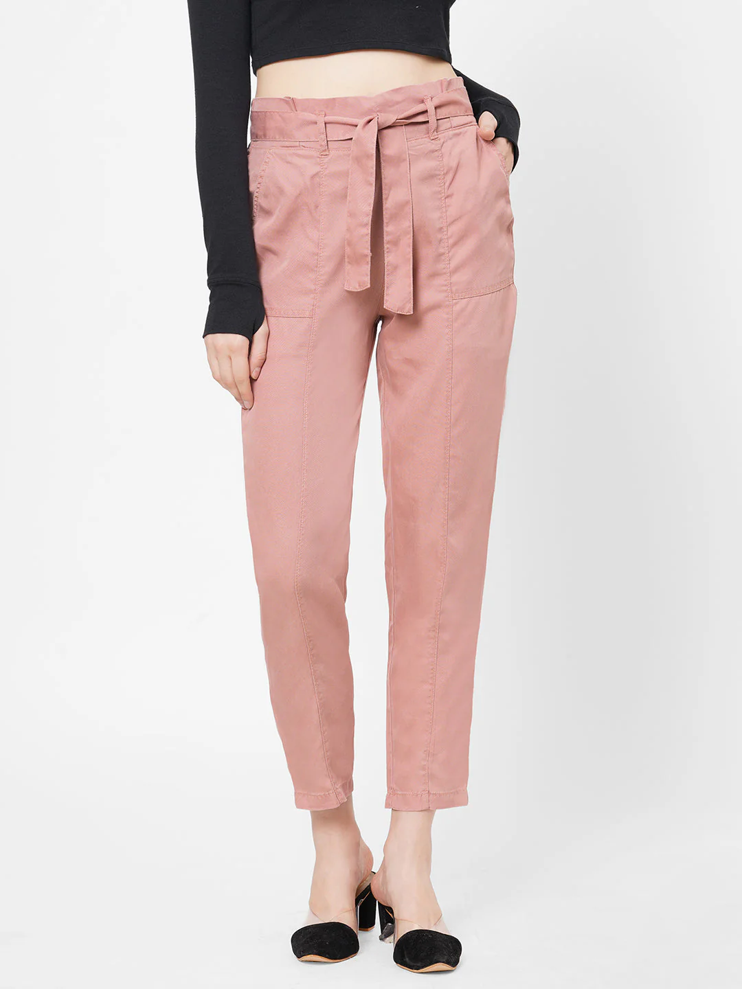 Women Blush Pink Paper Bag Pants - Image 2