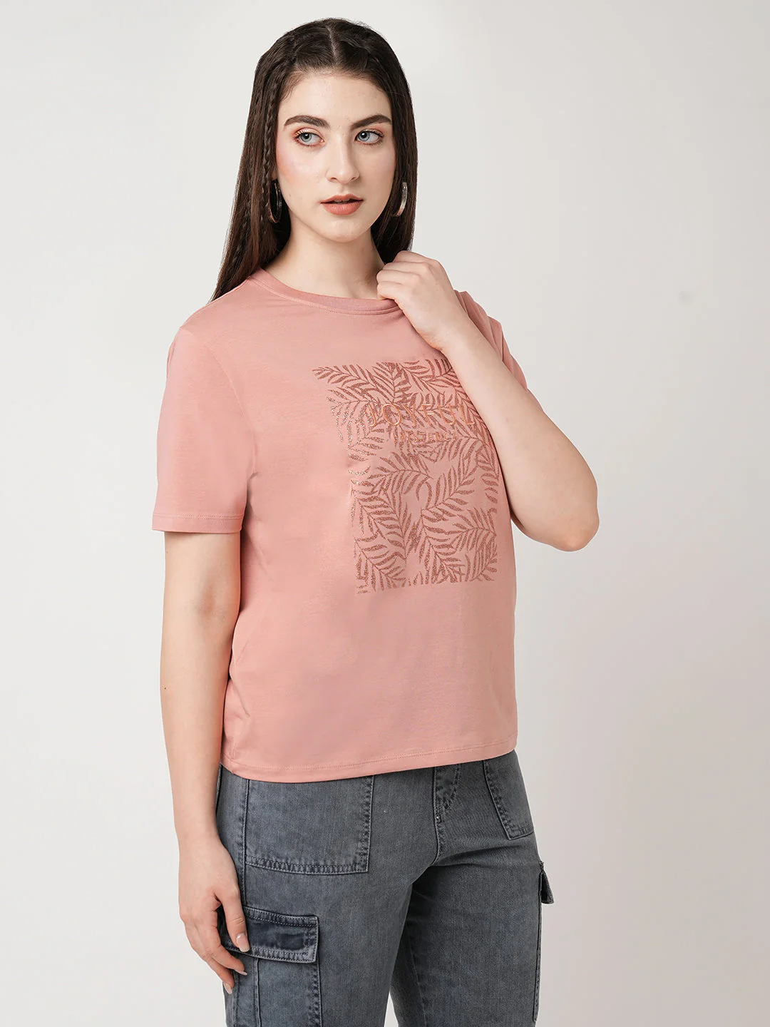 Women Blush Pink Printed Slim T-Shirt - Image 4