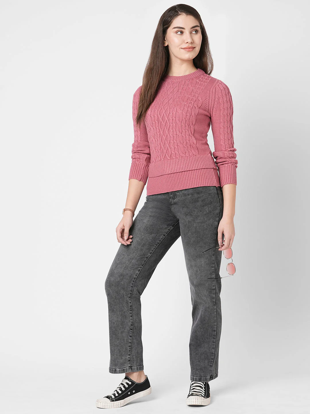 Women Blush Pink Ribbed Sweater - Image 2