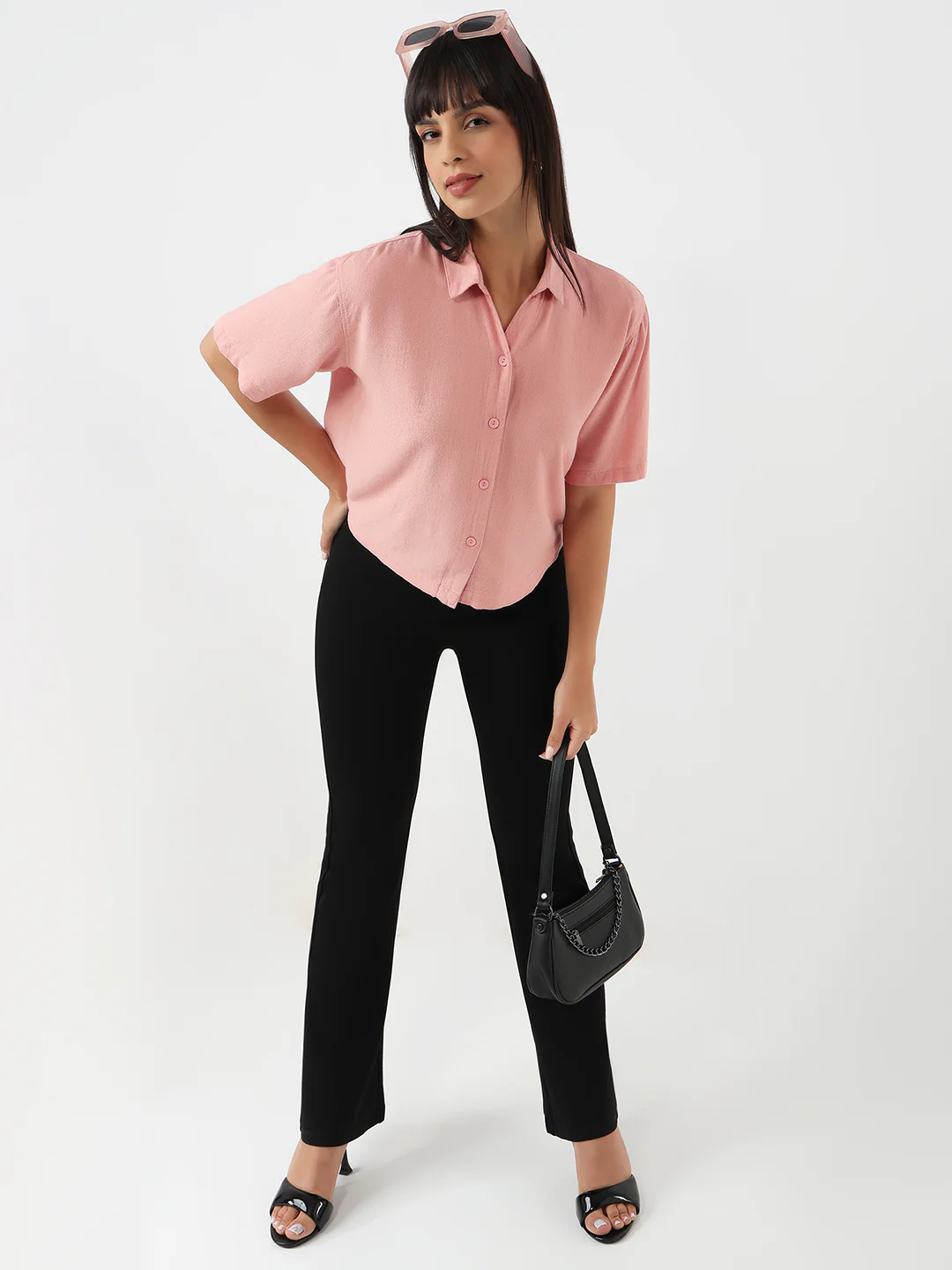 Women Blush Pink Slim Crop Shirt