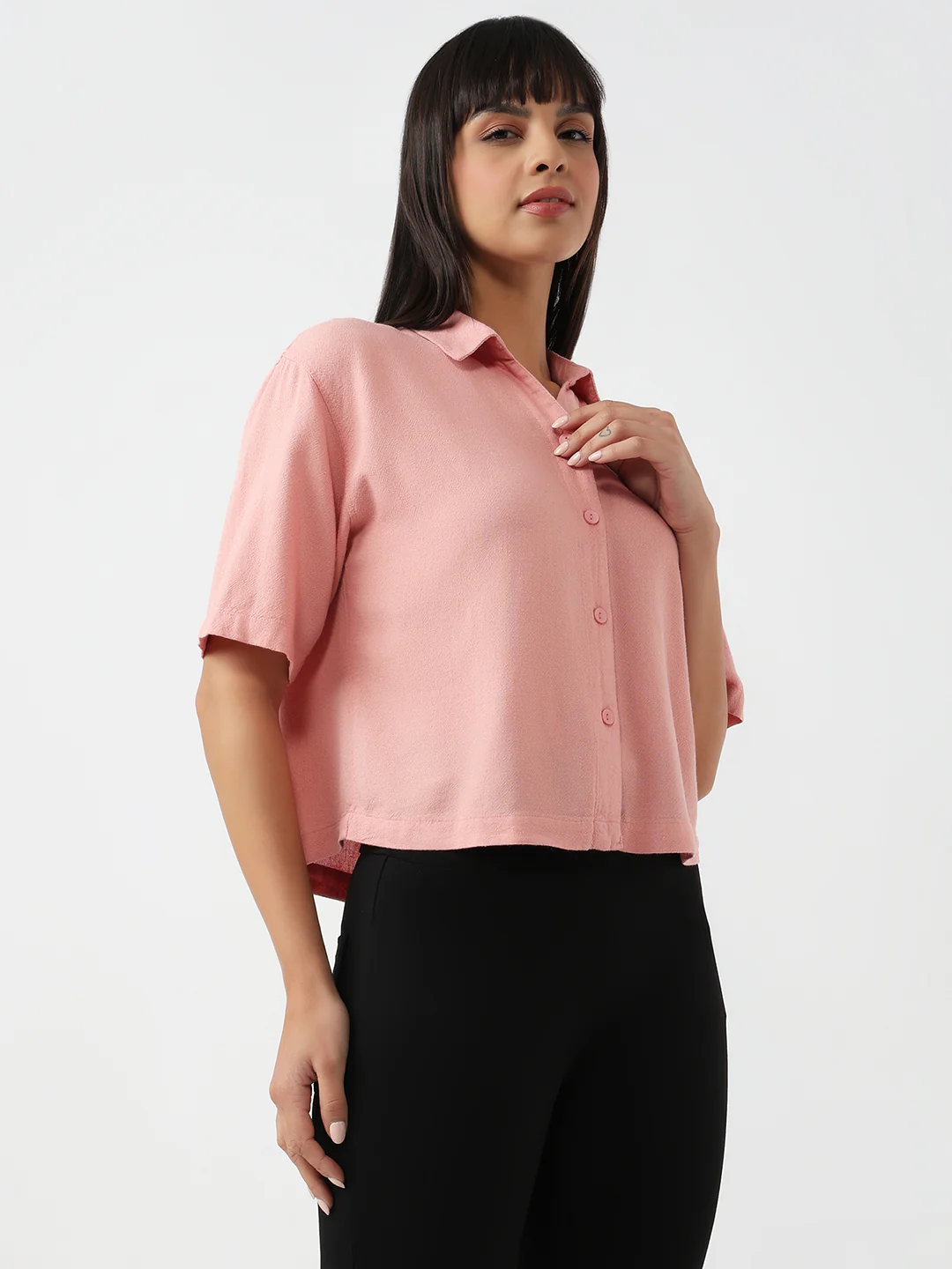 Women Blush Pink Slim Crop Shirt - Image 5