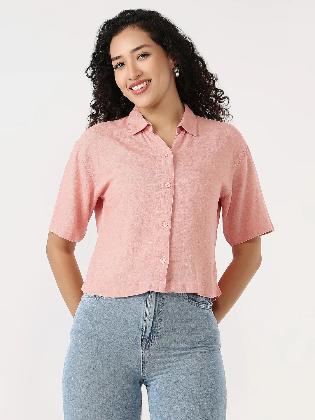 Women Blush Pink Slim Crop Shirt - Image 2