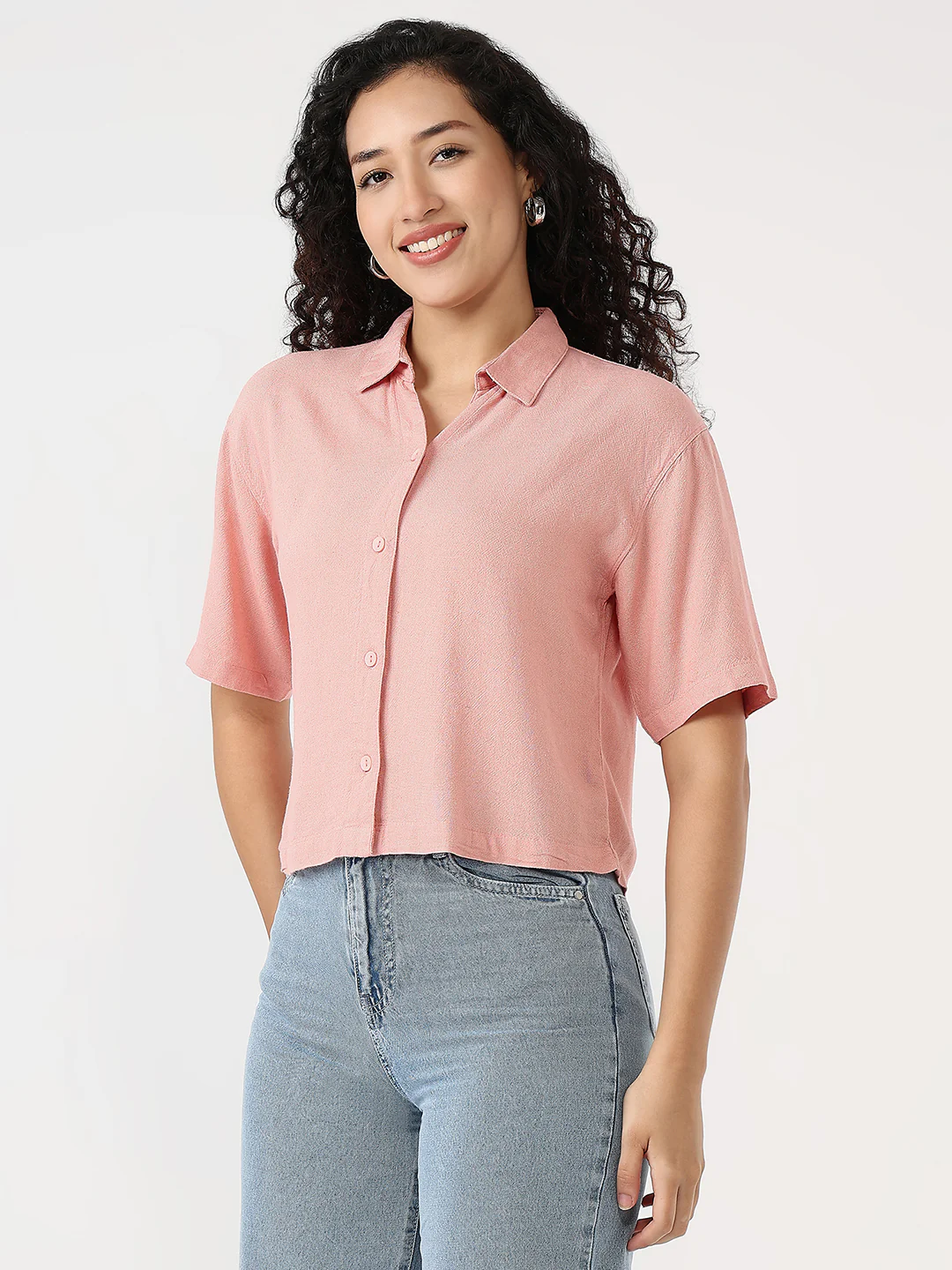 Women Blush Pink Slim Crop Shirt - Image 4