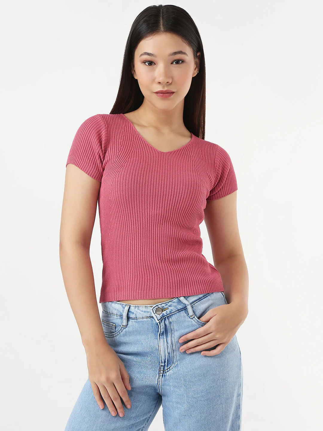 Women Blush Pink Slim Flat Knit Top - Image 2