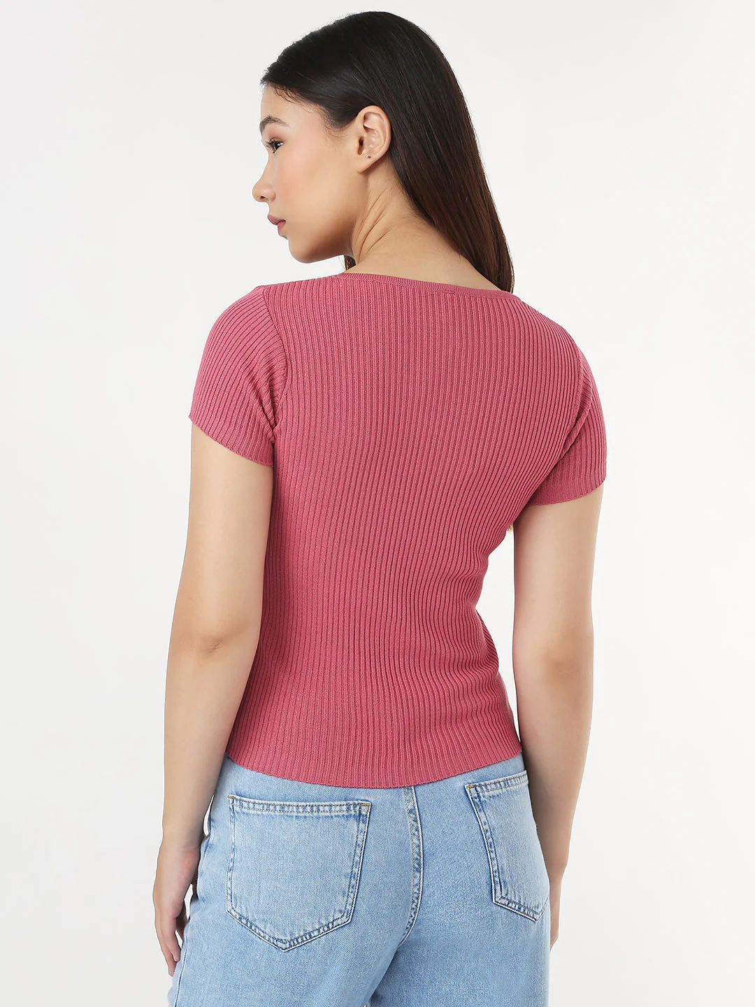Women Blush Pink Slim Flat Knit Top - Image 3