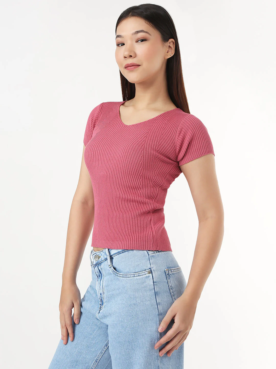 Women Blush Pink Slim Flat Knit Top - Image 4