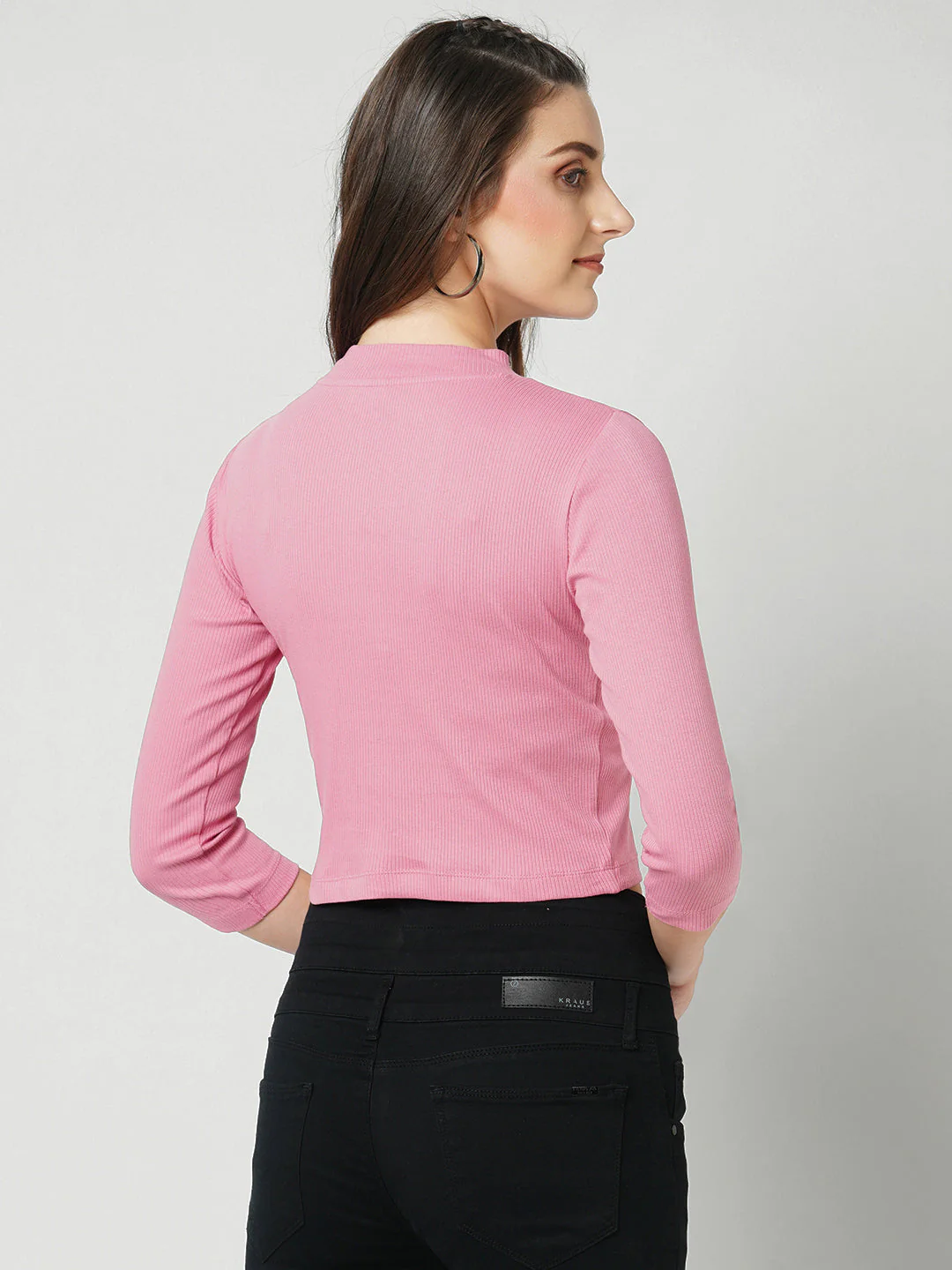 Women Blush Pink Solid Slim T-Shirt - Image 3
