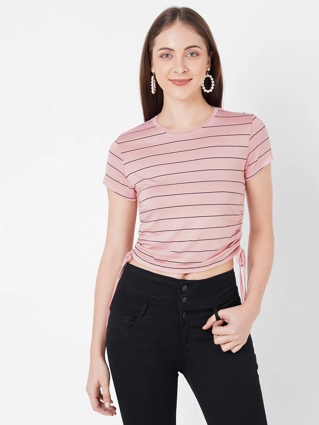 Women Blush Pink Stripe Crop T-Shirt - Image 2