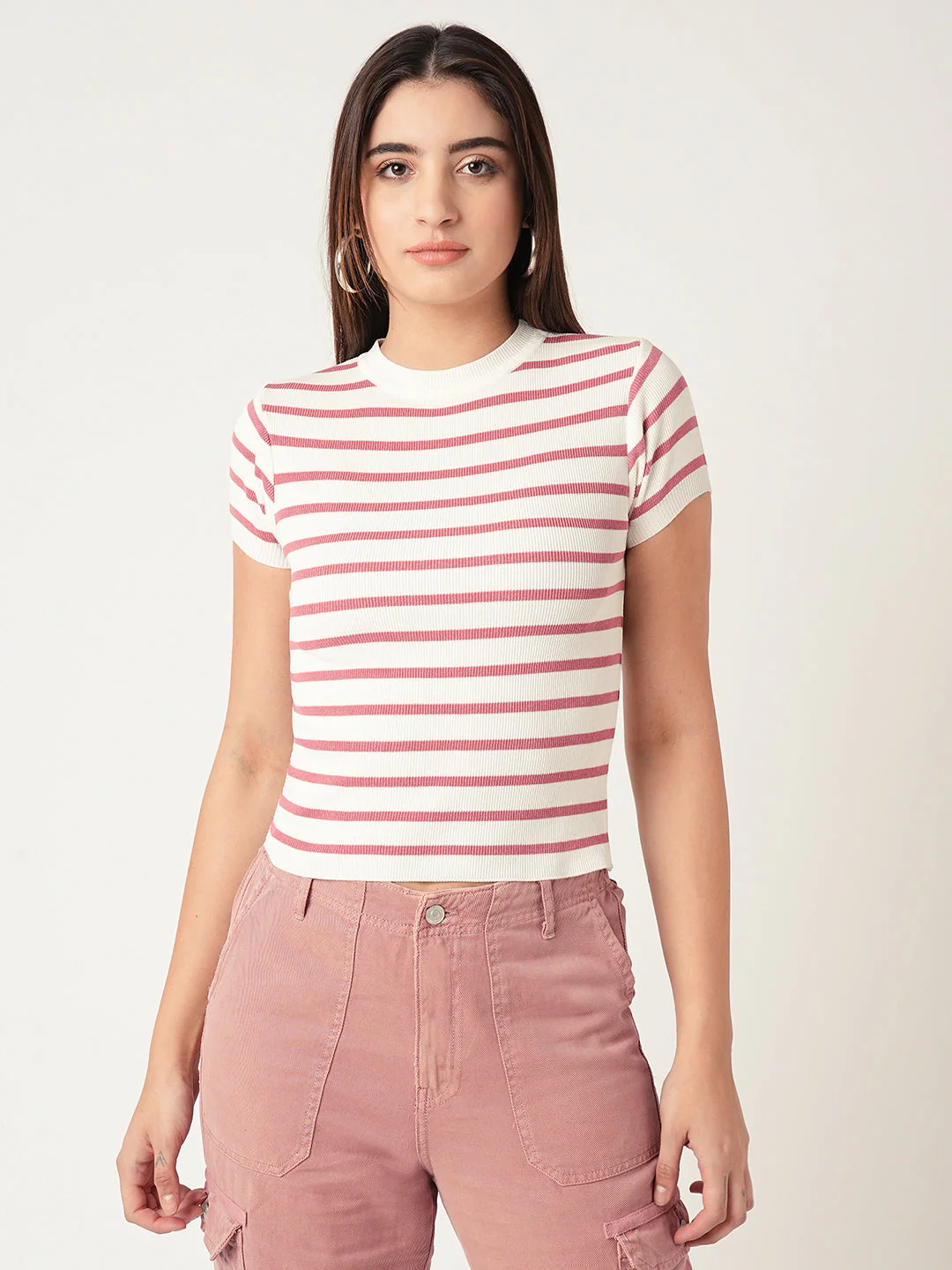 Women Blush Pink-White Flat Knit Top