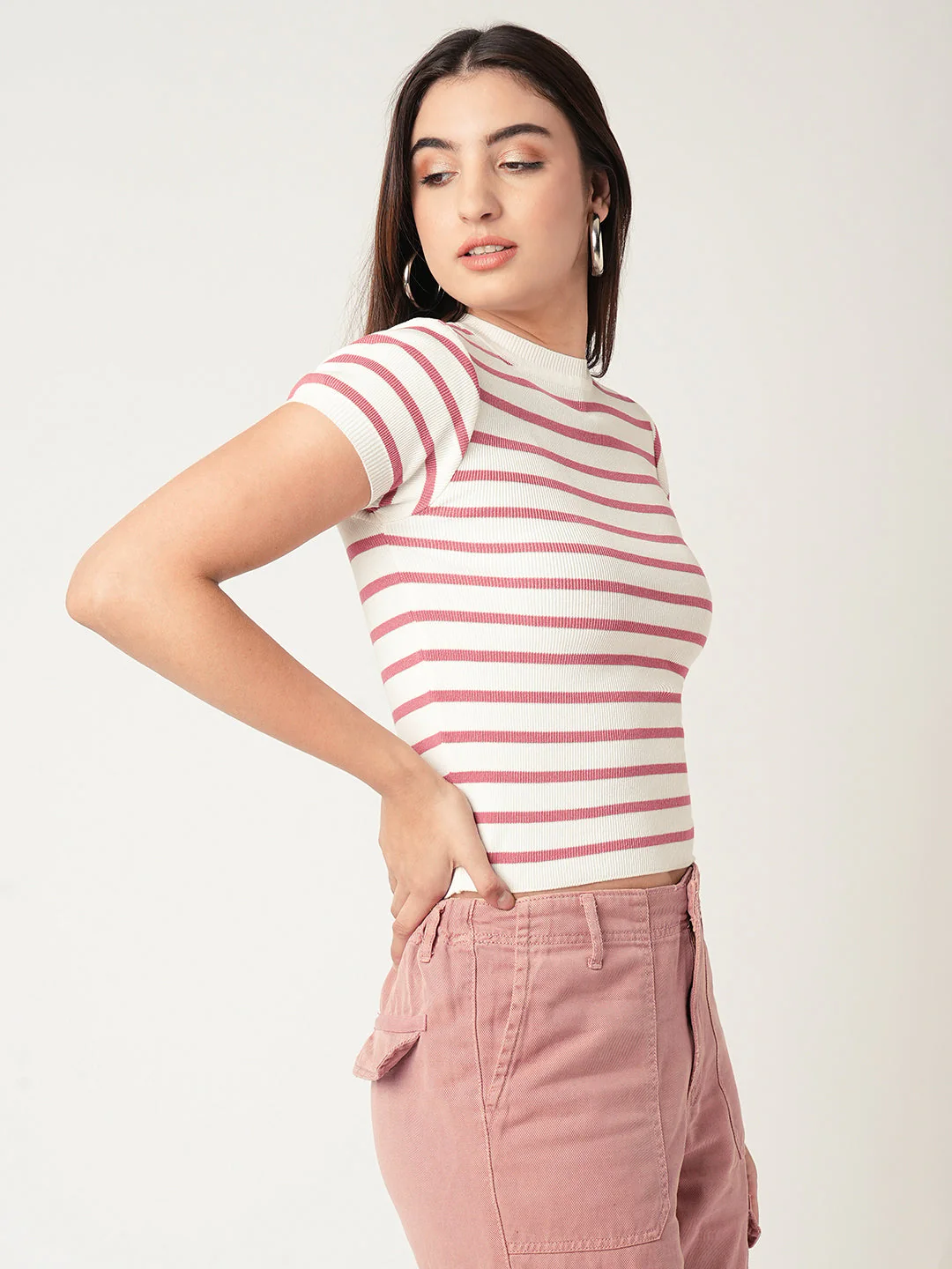 Women Blush Pink-White Flat Knit Top - Image 5