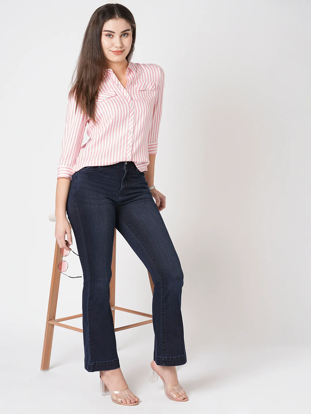 Women Blush Pink-White Slim Shirt - Image 2