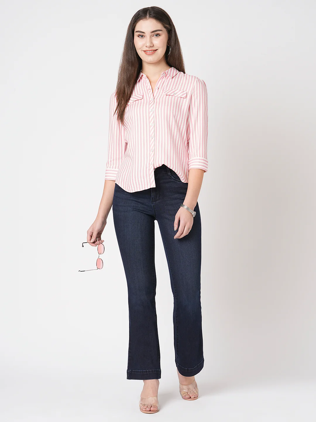 Women Blush Pink-White Slim Shirt - Image 3