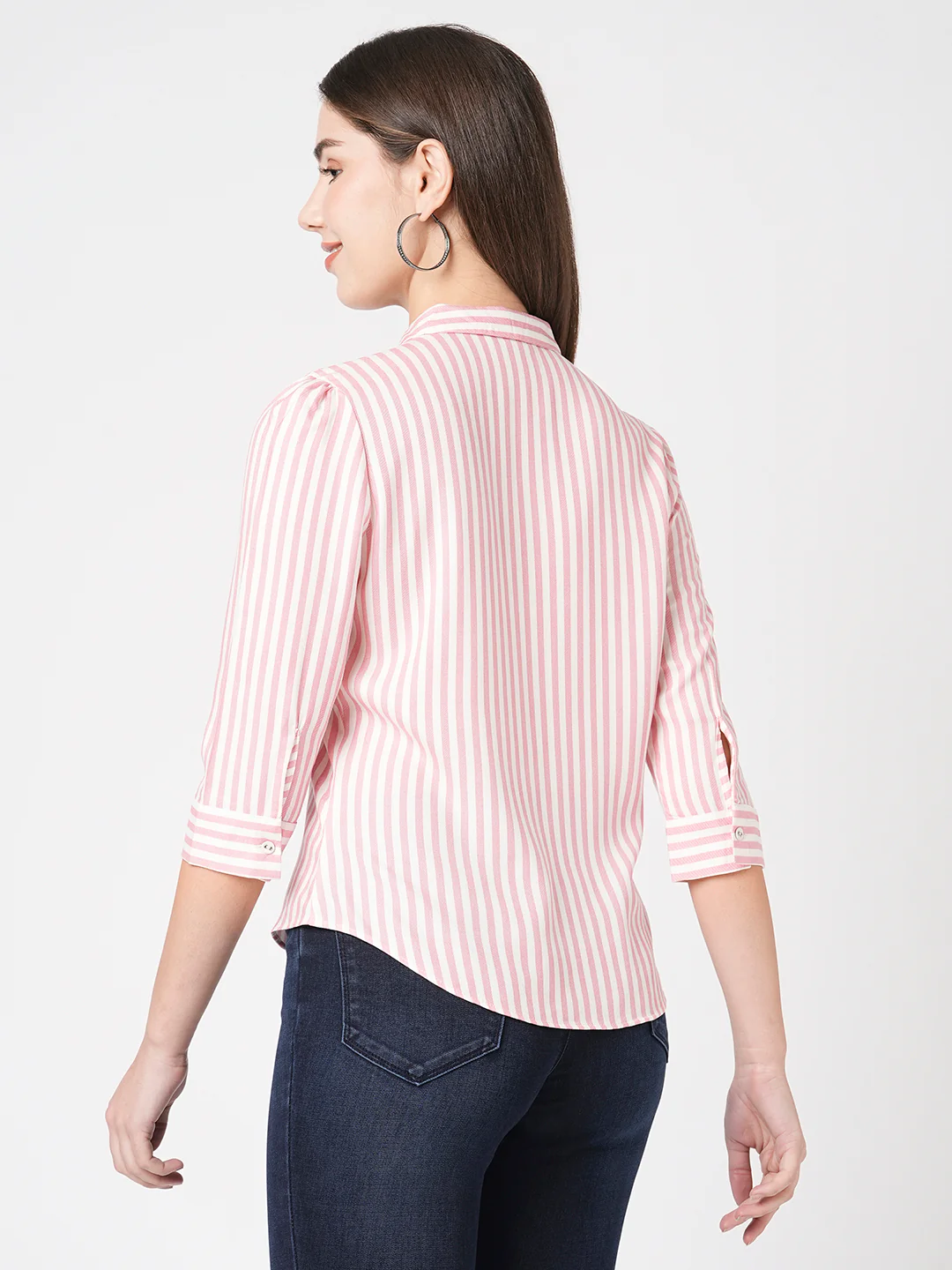 Women Blush Pink-White Slim Shirt - Image 4