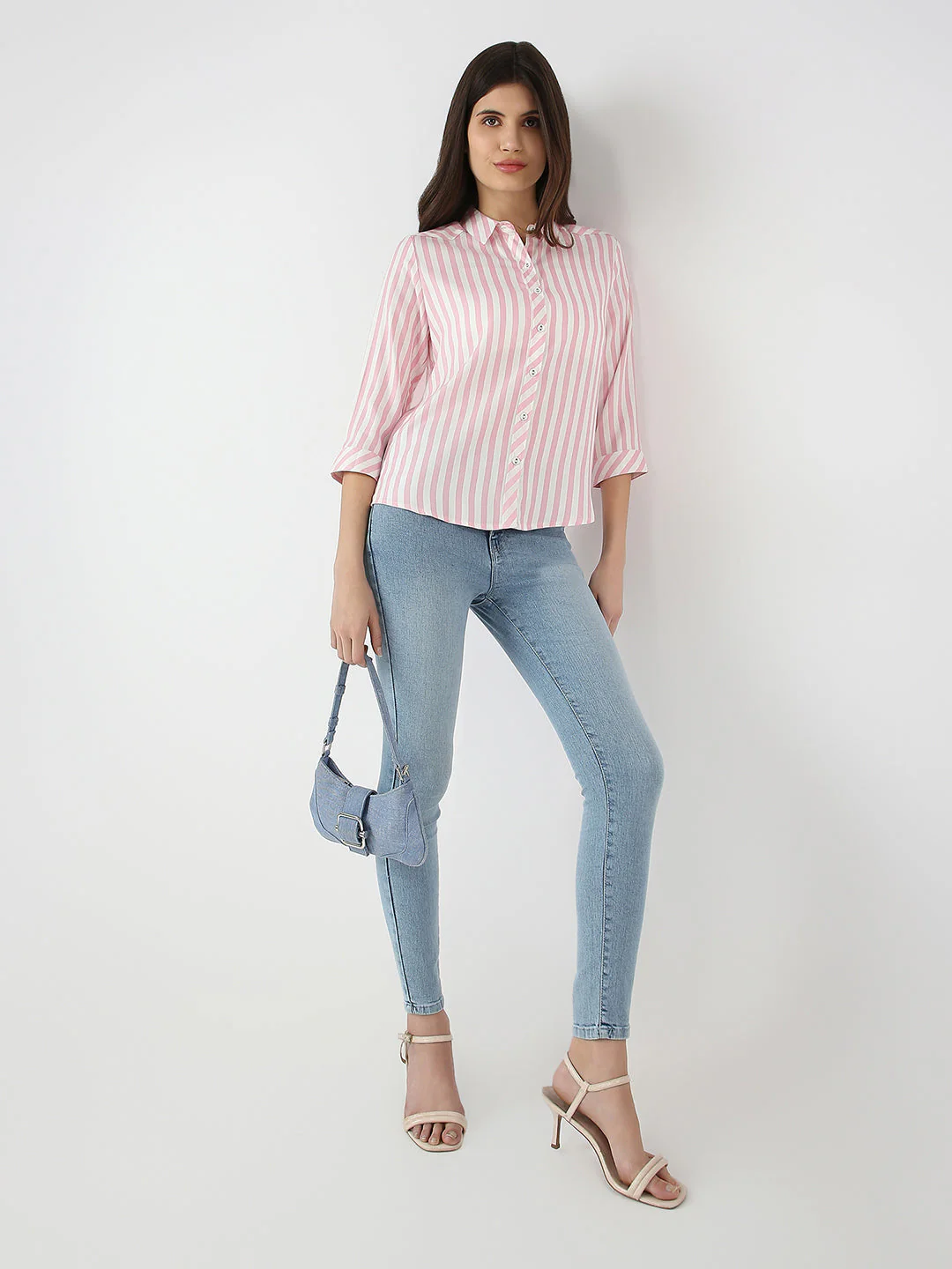 Women Blush Pink/White Striped Shirt - Image 2