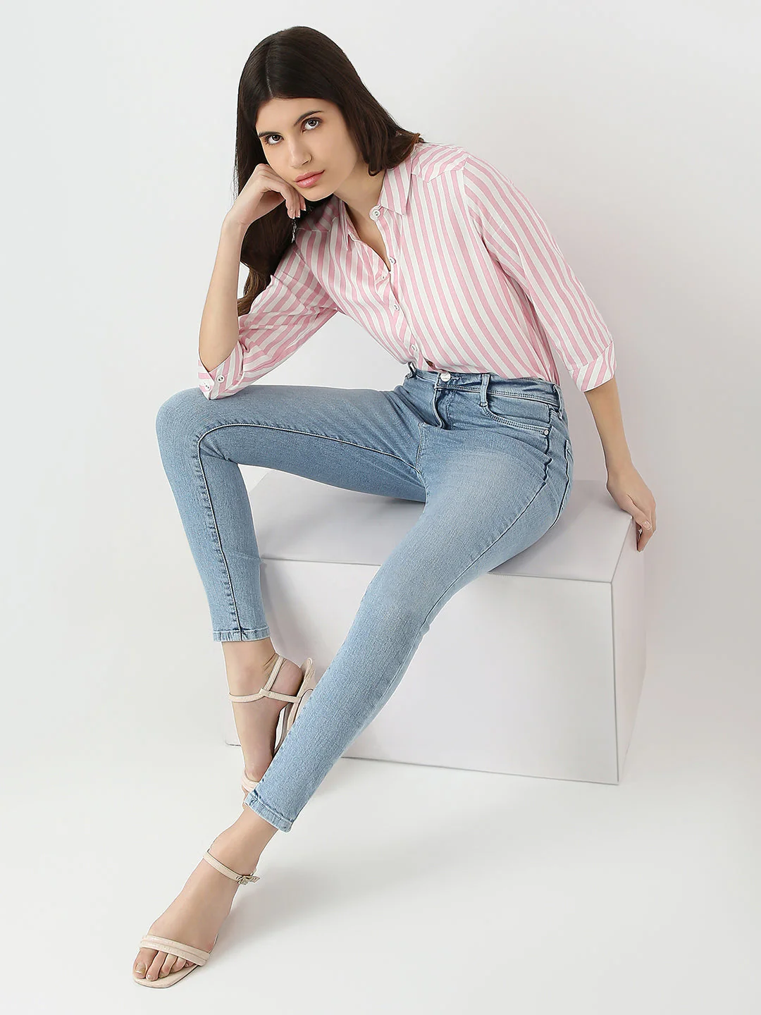 Women Blush Pink/White Striped Shirt - Image 4